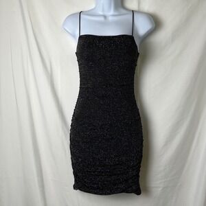 Polly Womans Ruched Glitter Mini Dress Spaghetti Straps Size 0 Black Fairy Goth